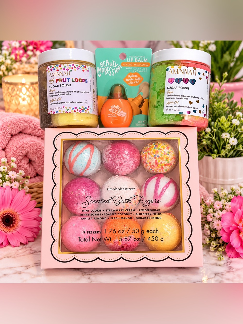 Aminnah Sugar Polish, lip balm & Bath Fizzer Bundle NEW